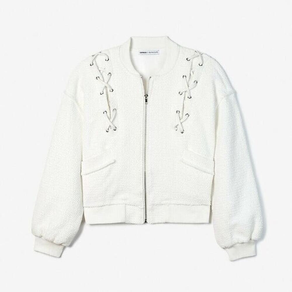 New nwt EXPRESS SALE OLIVIA CULPO LACE UP JACKET solid white zip bomber zip up